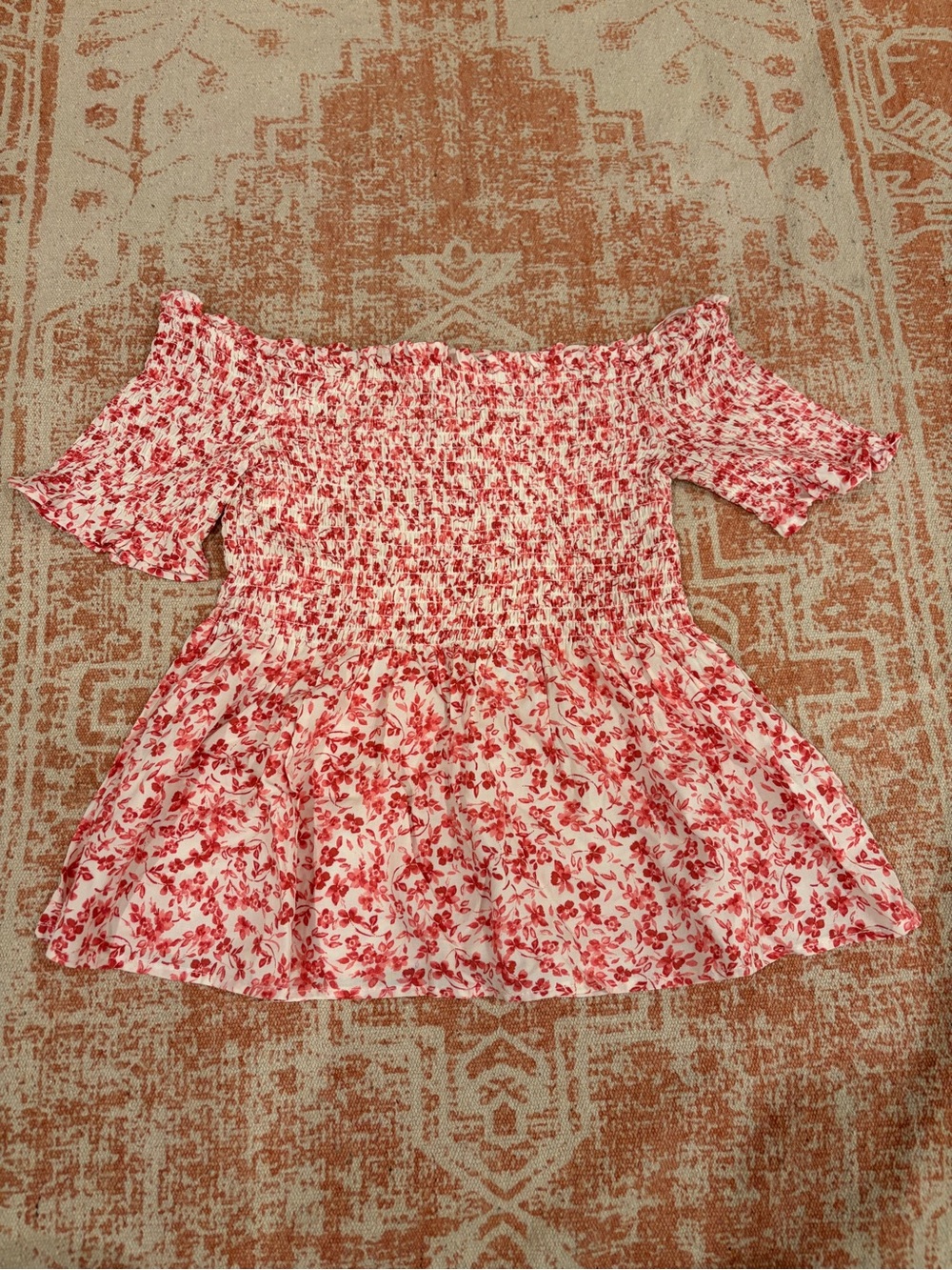 Francesca's Miami S Pink White Floral Smocked Off The Shoulder Peplum Blouse